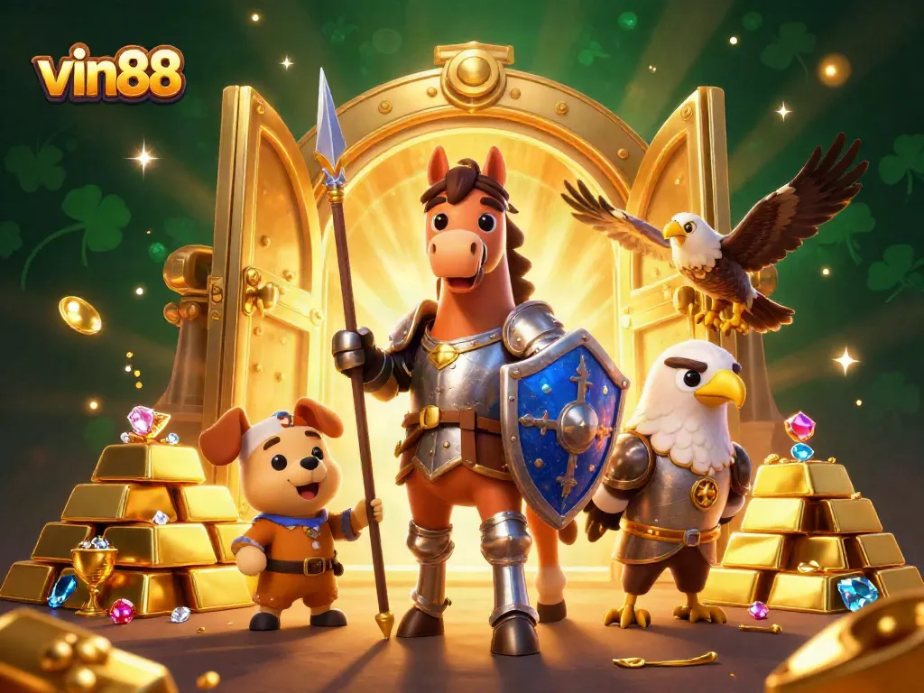 vin88 enhances the gaming experience with treasure chests and lively characters in a captivating casino scene.