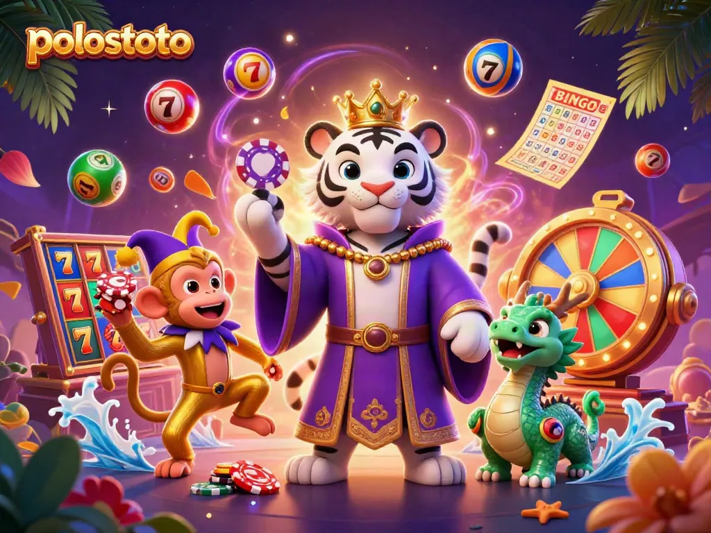 Experience polostoto's vibrant gaming world with a lively scene featuring a regal white tiger, a playful monkey juggling poker chips, and slot machine elements.