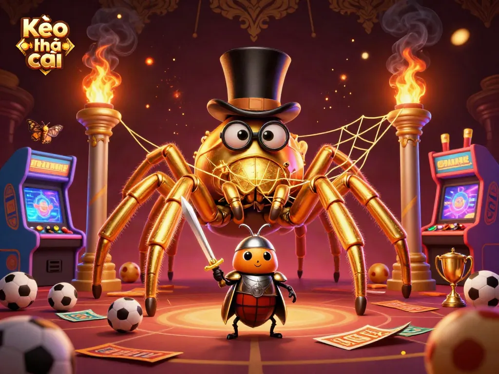 Kèo nhà cái showcases dynamic sports betting action with a golden tarantula and beetle knight in 3D illustration.
