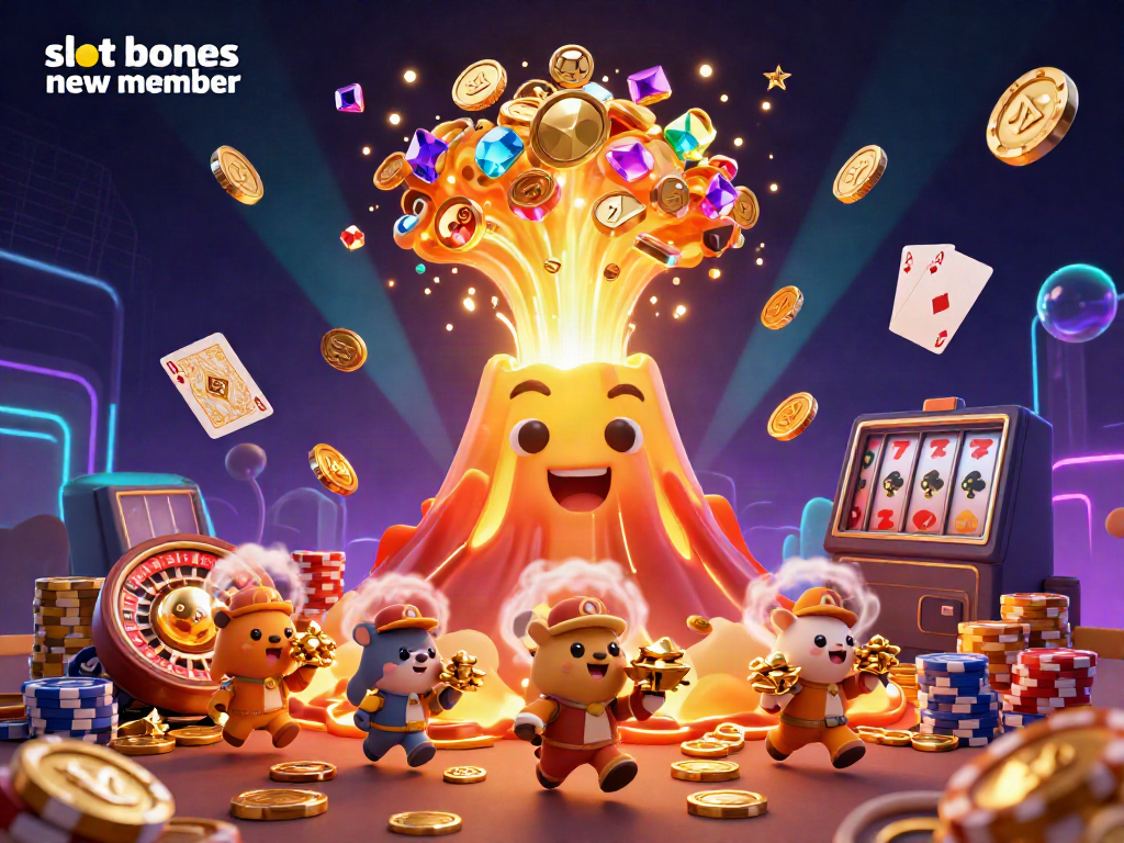 Experience excitement with slot bonus new member as golden coins and gems erupt from a magical volcano amidst a vibrant casino scene.