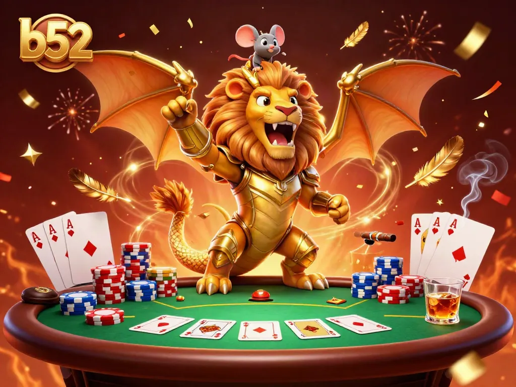 Engage in thrilling gameplay with b52 in this vibrant casino scene featuring a unique chimera character.