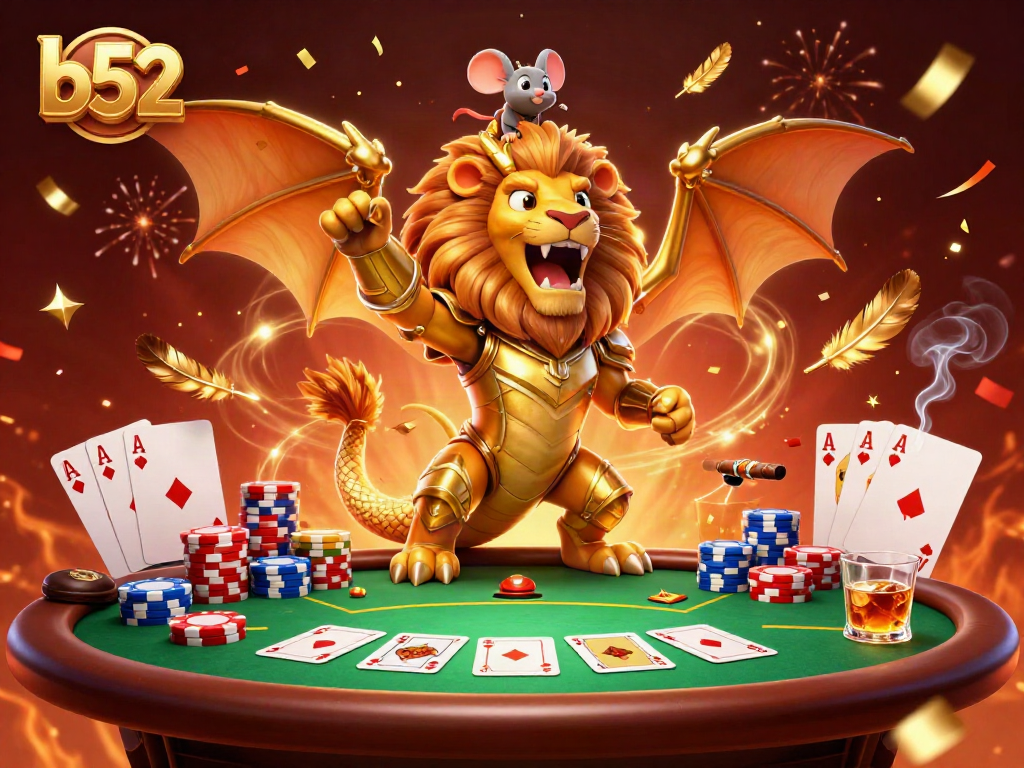 Engage in thrilling gameplay with b52 in this vibrant casino scene featuring a unique chimera character.