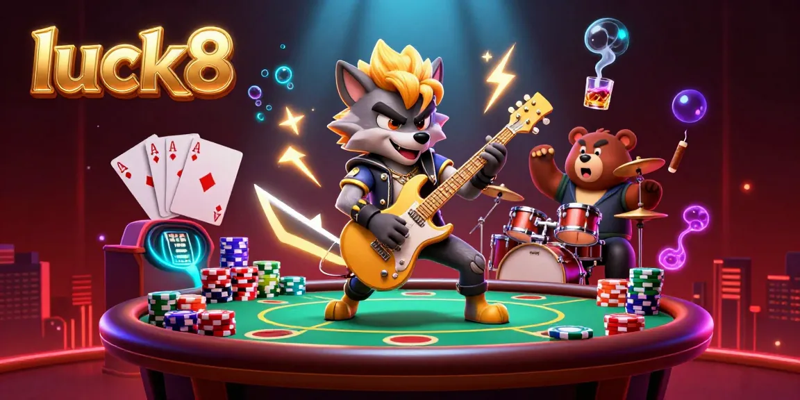 Experience the vibrant luck8 casino scene with a rock star wolf and drummer bear performing amidst poker action.