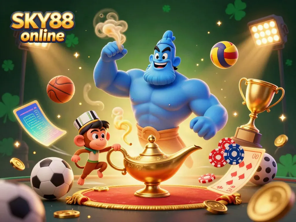 Experience the excitement of SKY88 online with a dynamic scene of a genie, monkey, and poker chips amidst vibrant sports elements.