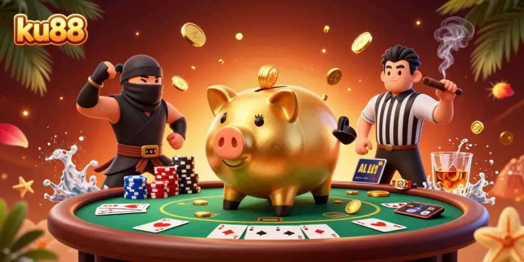Engage in exciting poker action with ku88's vibrant 3D illustration showcasing a sumo wrestler piggy bank.
